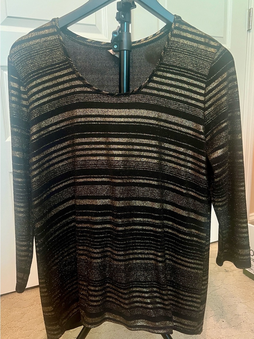 Cato Black and Gold Metallic Stripe Scoop Neck Sweater